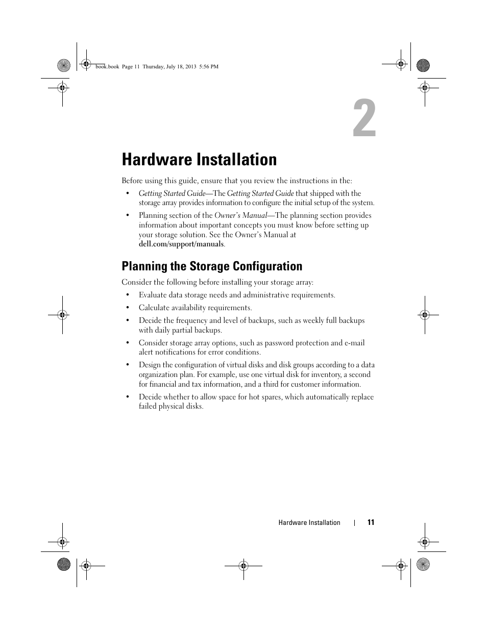 Hardware installation, Planning the storage configuration | Dell PowerVault MD3200 User Manual | Page 11 / 74