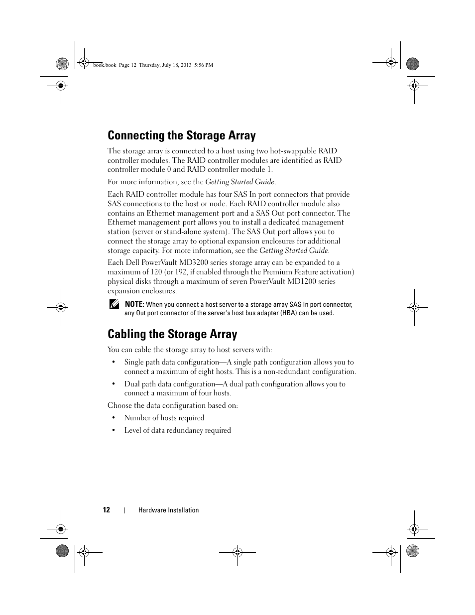 Connecting the storage array, Cabling the storage array | Dell PowerVault MD3200 User Manual | Page 12 / 74