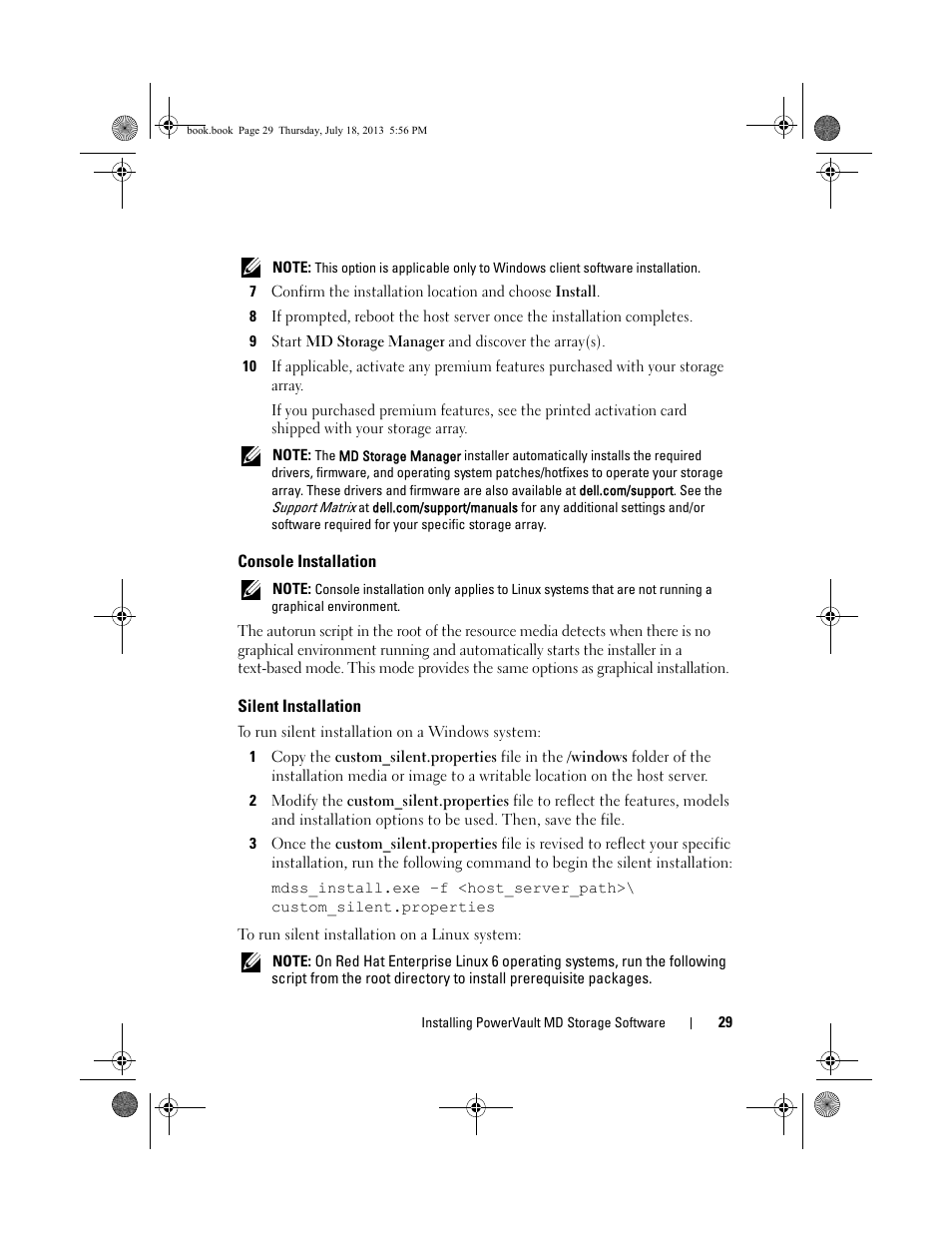 Console installation, Silent installation | Dell PowerVault MD3200 User Manual | Page 29 / 74