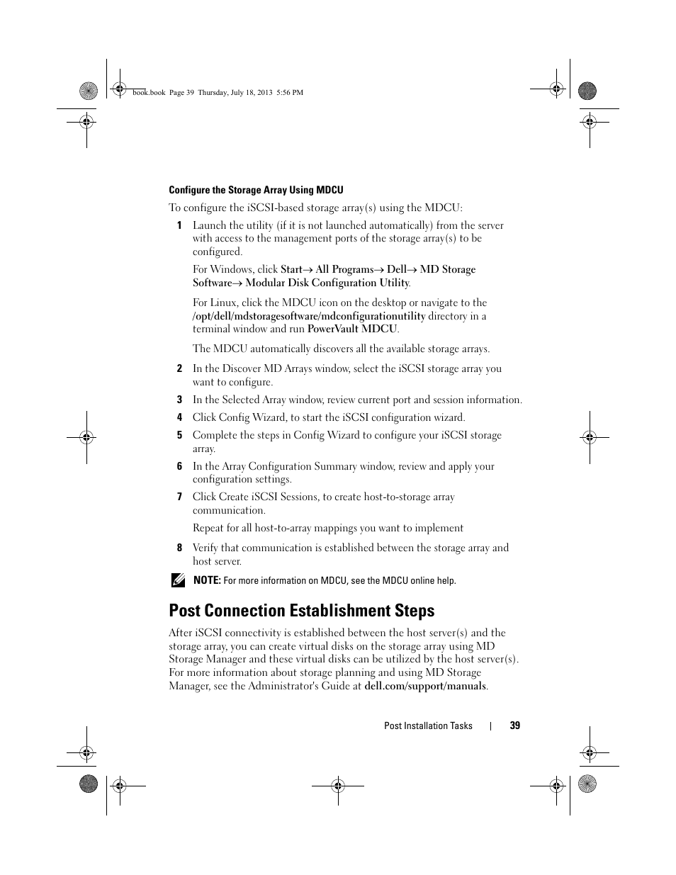 Post connection establishment steps | Dell PowerVault MD3200 User Manual | Page 39 / 74