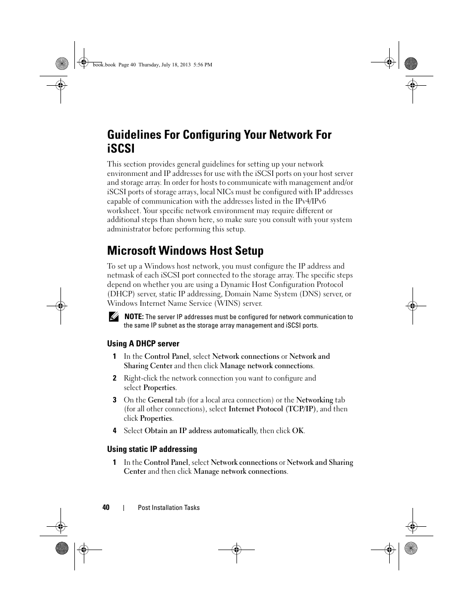 Guidelines for configuring your network for iscsi, Microsoft windows host setup, Using a dhcp server | Using static ip addressing | Dell PowerVault MD3200 User Manual | Page 40 / 74