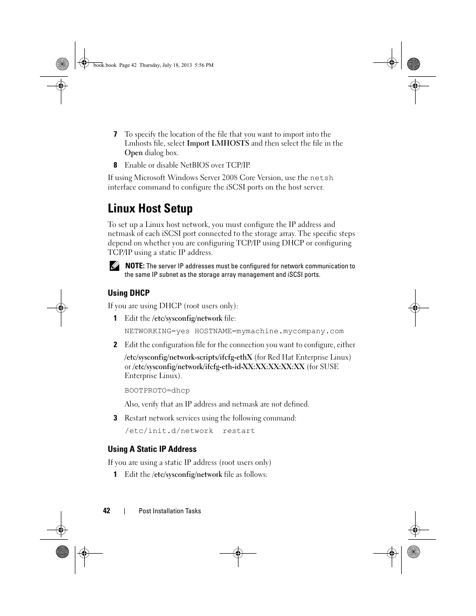 Linux host setup, Using dhcp, Using a static ip address | Dell PowerVault MD3200 User Manual | Page 42 / 74