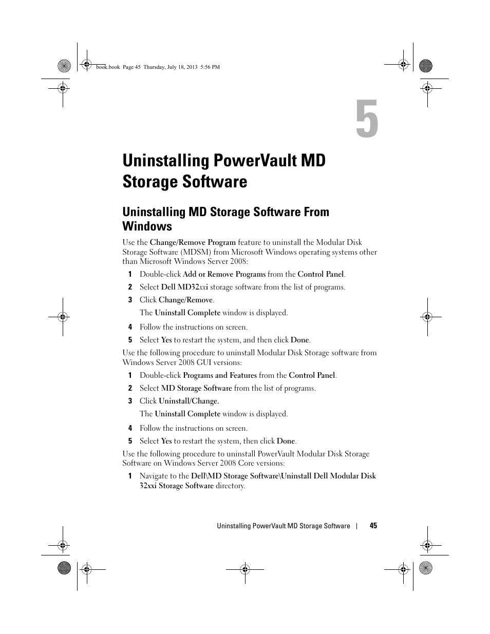 Uninstalling powervault md storage software, Uninstalling md storage software from windows, Uninstalling powervault md | Storage software | Dell PowerVault MD3200 User Manual | Page 45 / 74