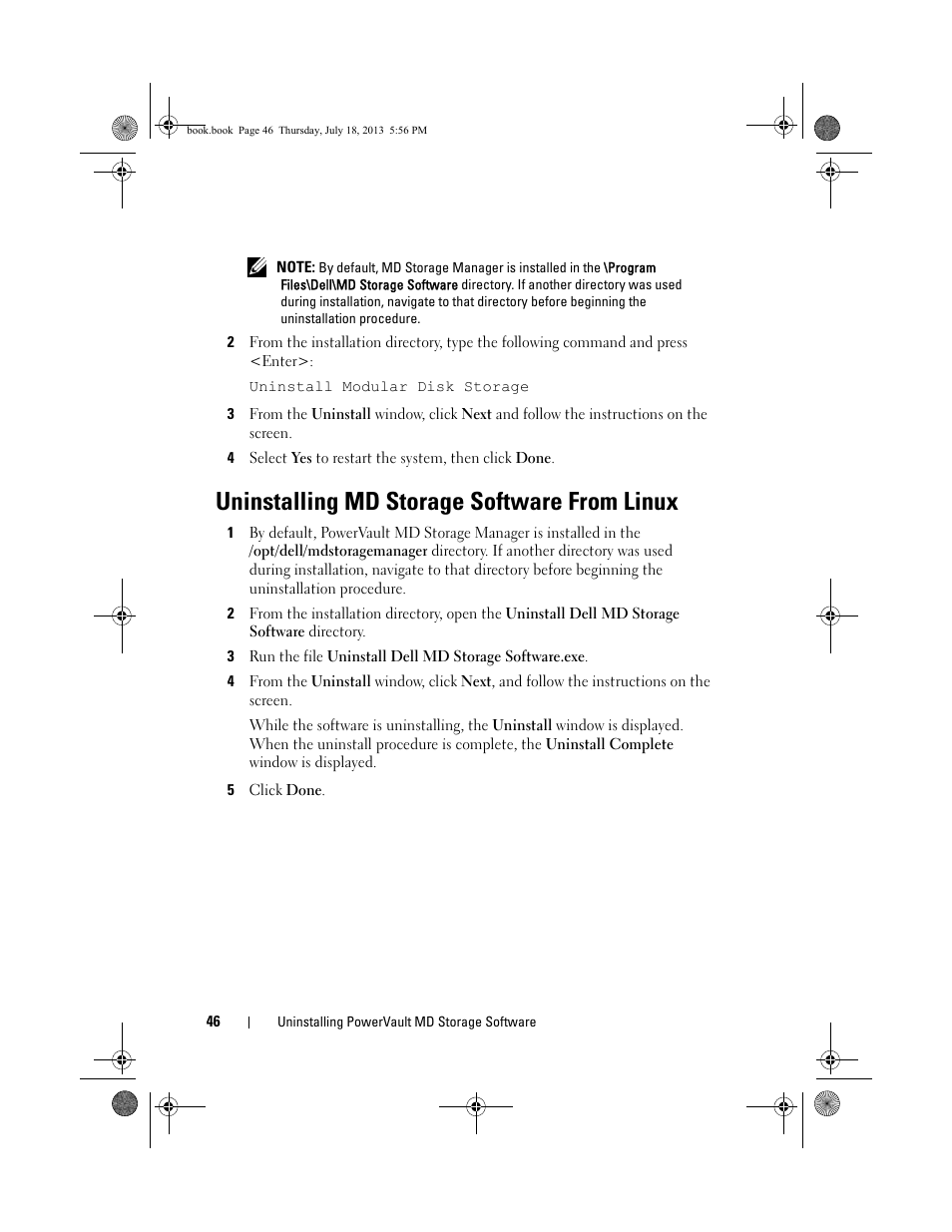 Uninstalling md storage software from linux | Dell PowerVault MD3200 User Manual | Page 46 / 74