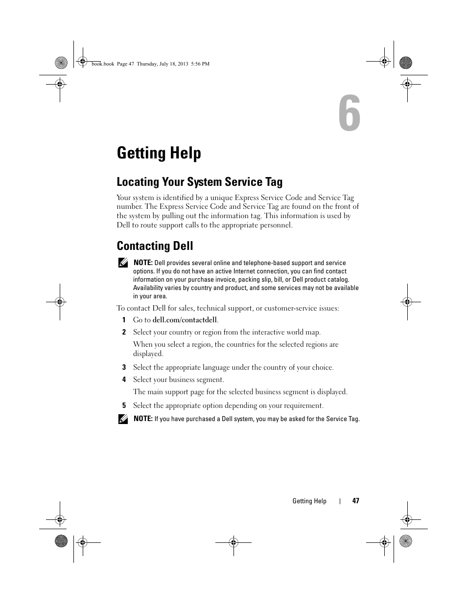 Getting help, Locating your system service tag, Contacting dell | Dell PowerVault MD3200 User Manual | Page 47 / 74