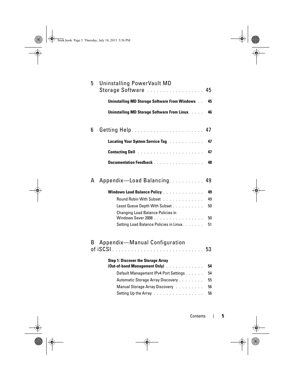 5 uninstalling powervault md storage software, 6 getting help, A appendix—load balancing | B appendix—manual configuration of iscsi | Dell PowerVault MD3200 User Manual | Page 5 / 74