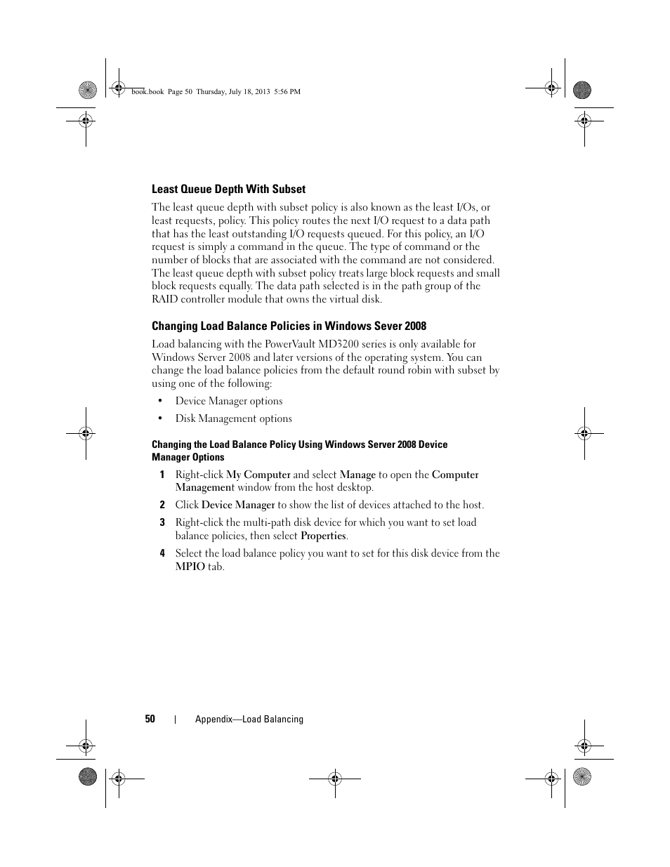 Least queue depth with subset, Changing load balance policies in, Windows sever 2008 | Dell PowerVault MD3200 User Manual | Page 50 / 74