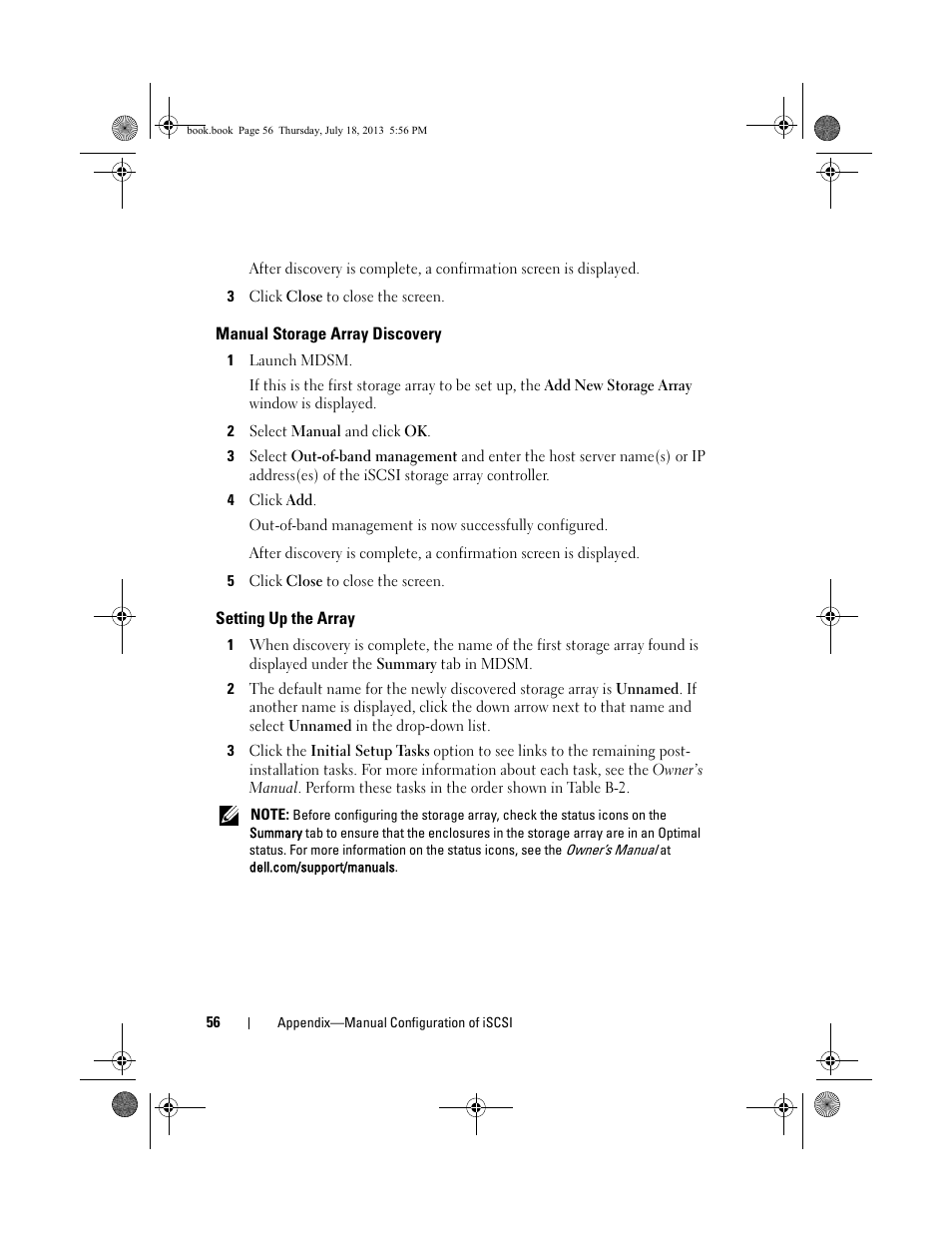 Manual storage array discovery, Setting up the array | Dell PowerVault MD3200 User Manual | Page 56 / 74