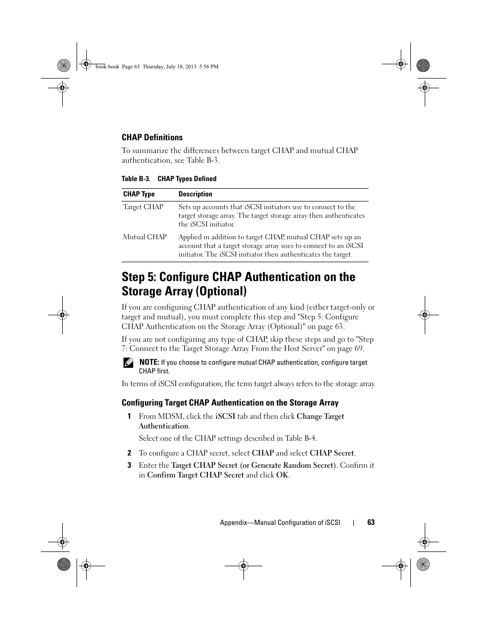 Chap definitions, Configuring target chap authentication on, The storage array | Dell PowerVault MD3200 User Manual | Page 63 / 74