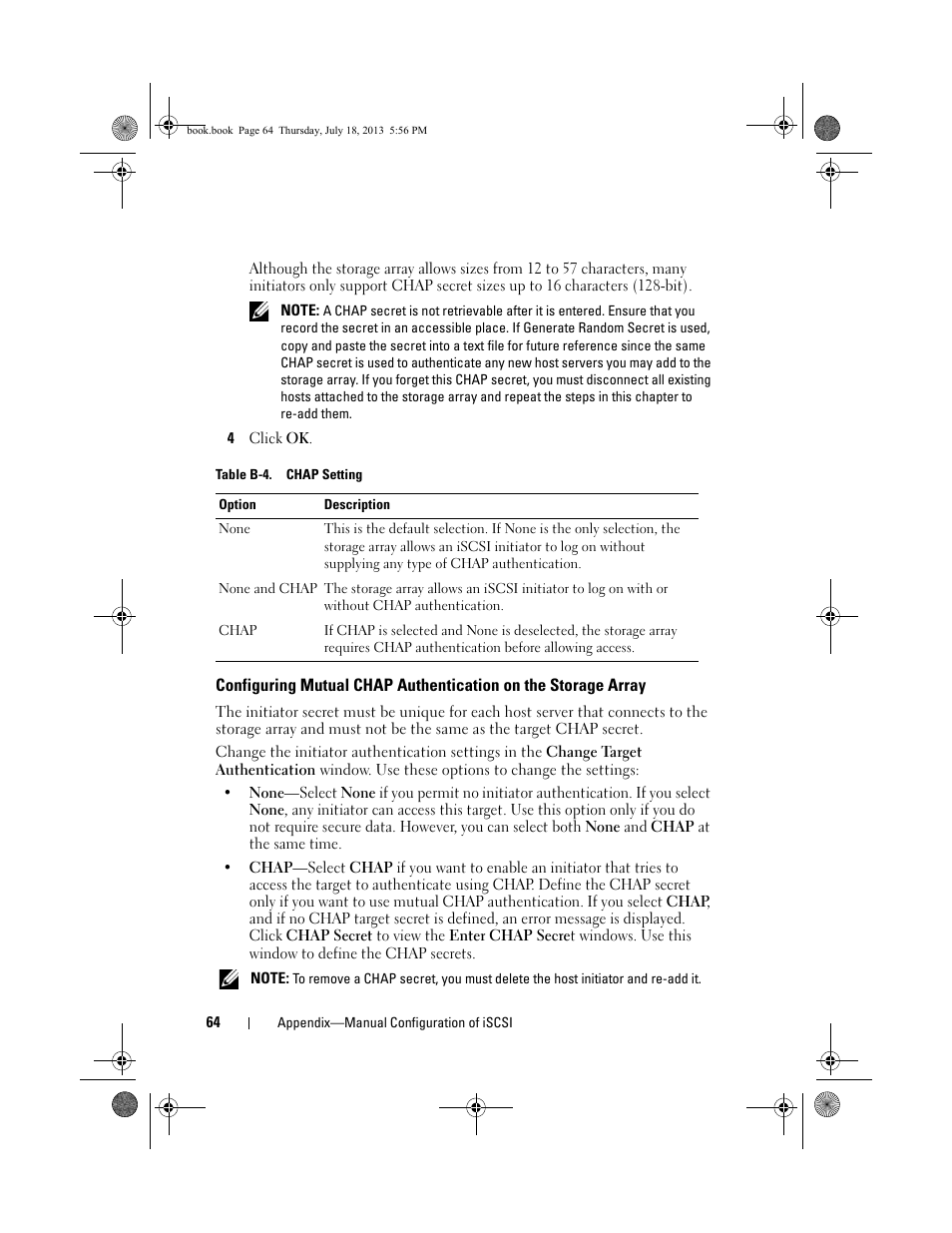 Configuring mutual chap authentication on, The storage array, Table b-4 | Dell PowerVault MD3200 User Manual | Page 64 / 74