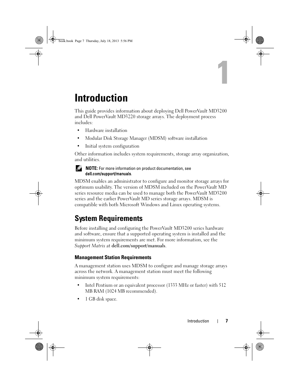 Introduction, System requirements, Management station requirements | Dell PowerVault MD3200 User Manual | Page 7 / 74