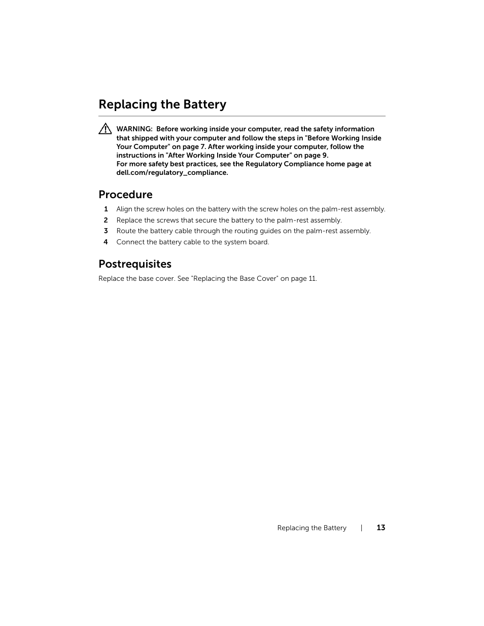 Replacing the battery, Procedure, Postrequisites | Dell Inspiron 14 (7437, Late 2013) User Manual | Page 13 / 48