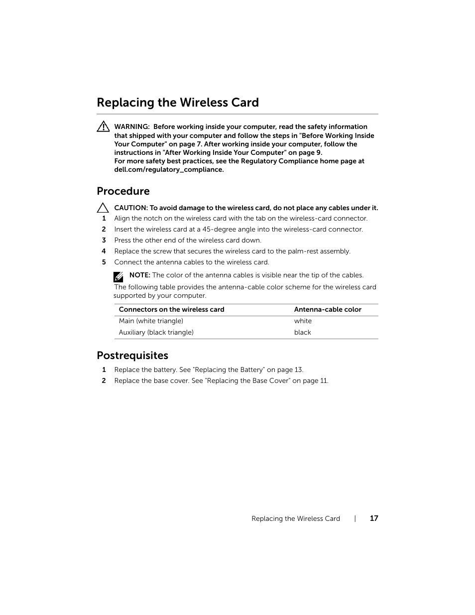 Replacing the wireless card, Procedure, Postrequisites | Dell Inspiron 14 (7437, Late 2013) User Manual | Page 17 / 48