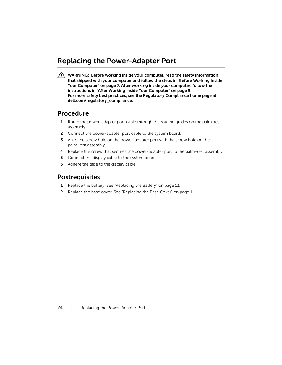 Replacing the power-adapter port, Procedure, Postrequisites | Dell Inspiron 14 (7437, Late 2013) User Manual | Page 24 / 48