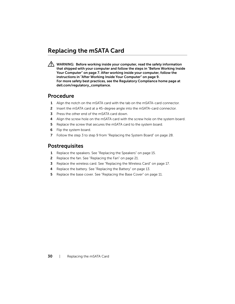 Replacing the msata card, Procedure, Postrequisites | Dell Inspiron 14 (7437, Late 2013) User Manual | Page 30 / 48