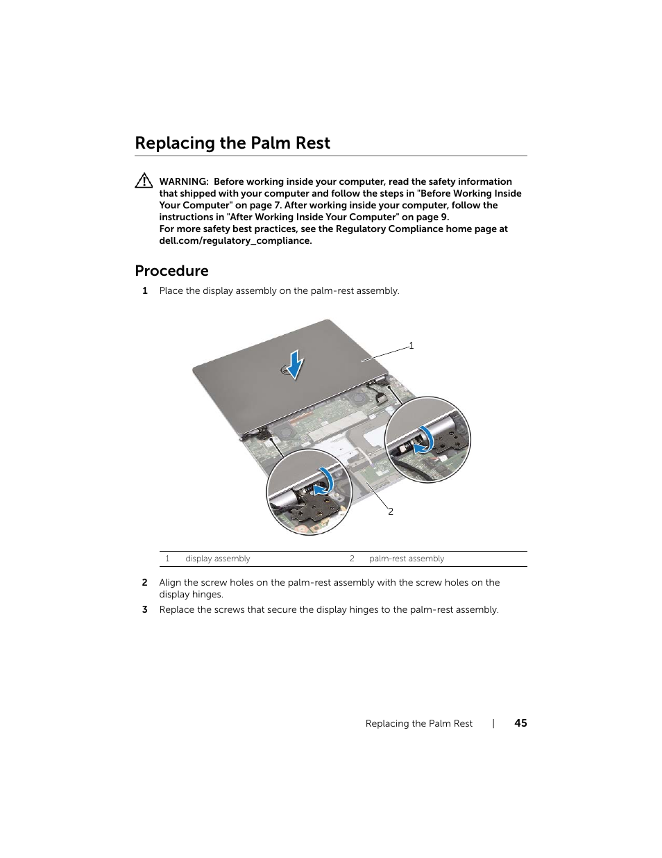 Replacing the palm rest, Procedure | Dell Inspiron 14 (7437, Late 2013) User Manual | Page 46 / 48