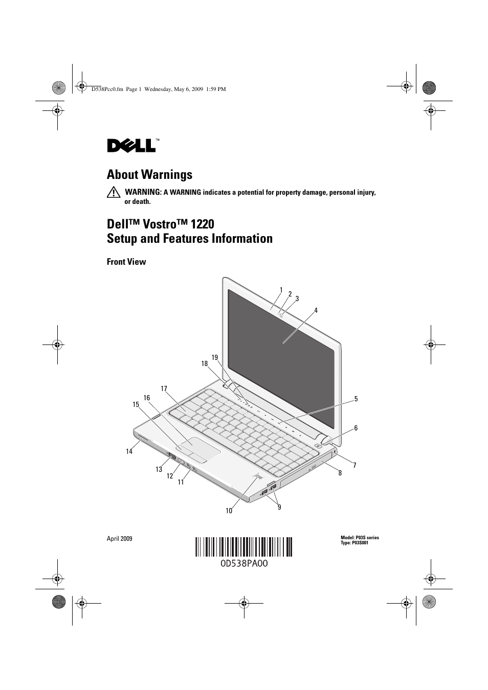 Dell Vostro 1220 (Mid 2009) User Manual | 6 pages