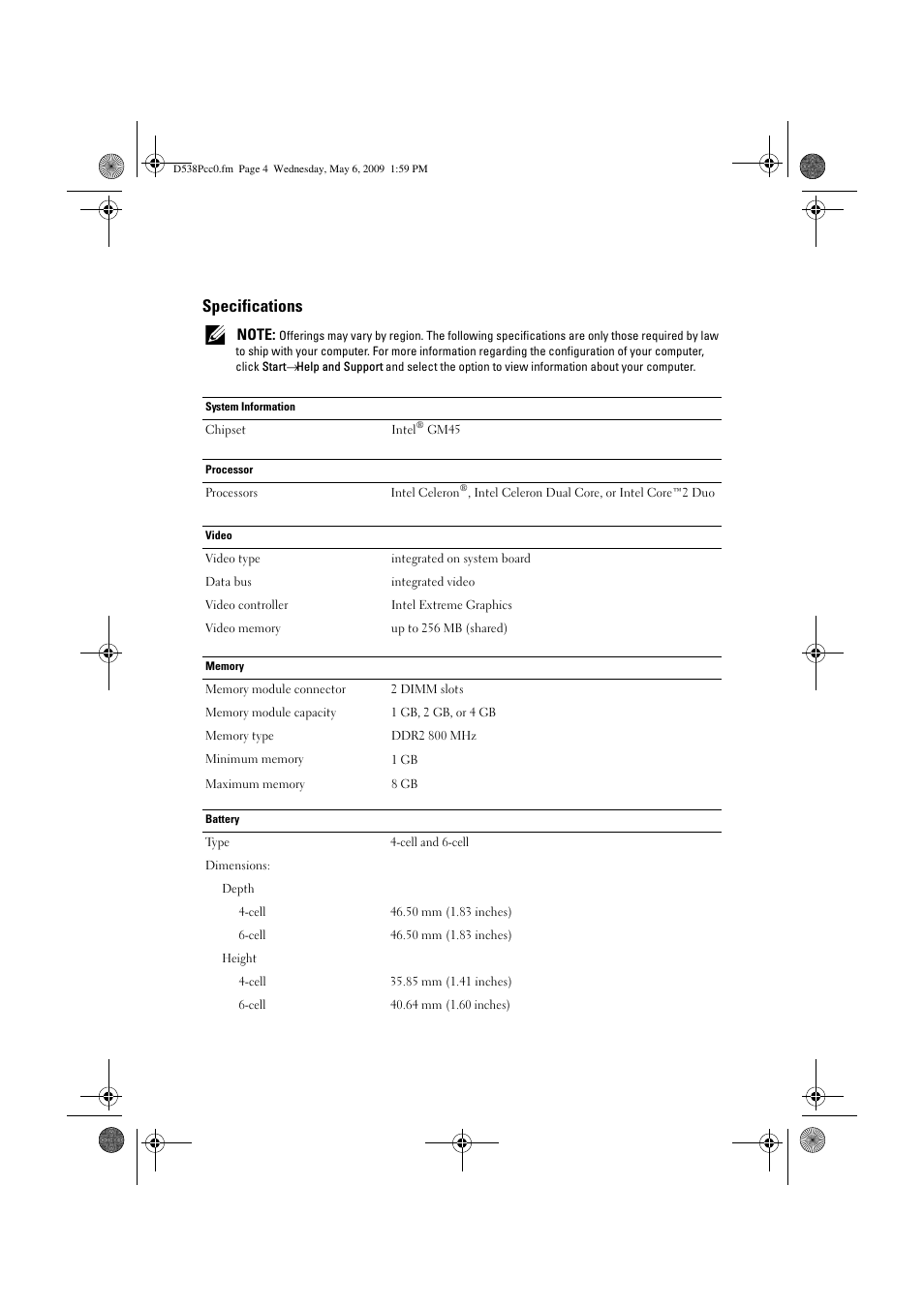 Specifications | Dell Vostro 1220 (Mid 2009) User Manual | Page 4 / 6