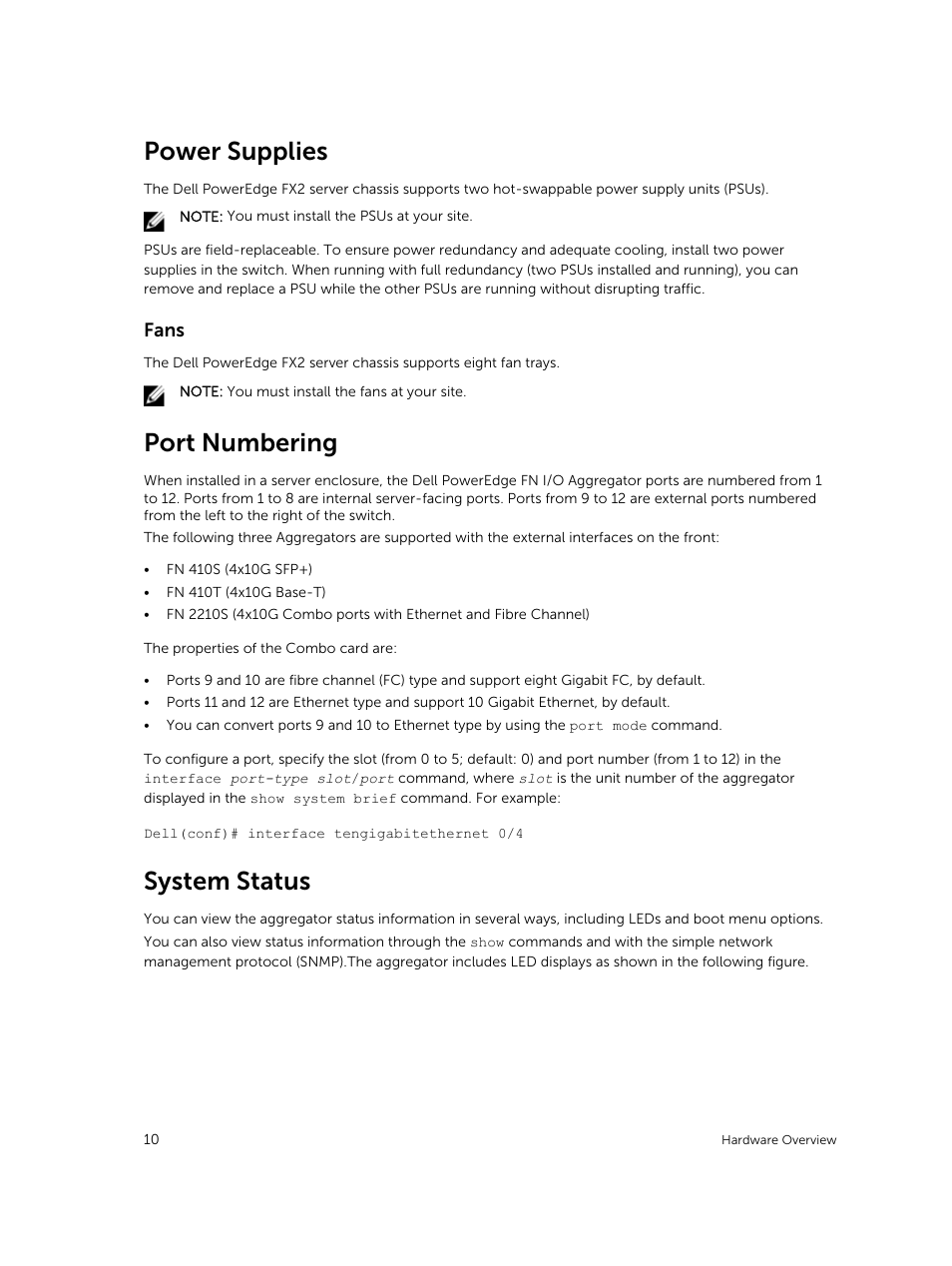 Power supplies, Fans, Port numbering | System status | Dell PowerEdge FX2/FX2s User Manual | Page 10 / 24