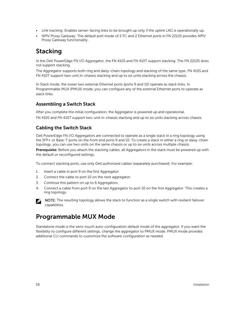 Stacking, Assembling a switch stack, Cabling the switch stack | Programmable mux mode | Dell PowerEdge FX2/FX2s User Manual | Page 16 / 24