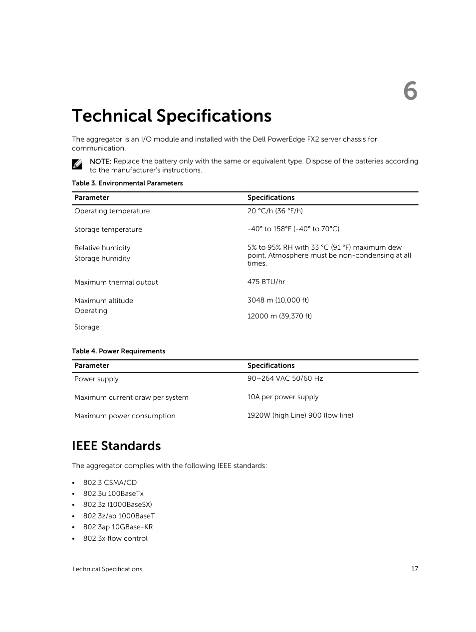 Technical specifications, Ieee standards, 6 technical specifications | Dell PowerEdge FX2/FX2s User Manual | Page 17 / 24