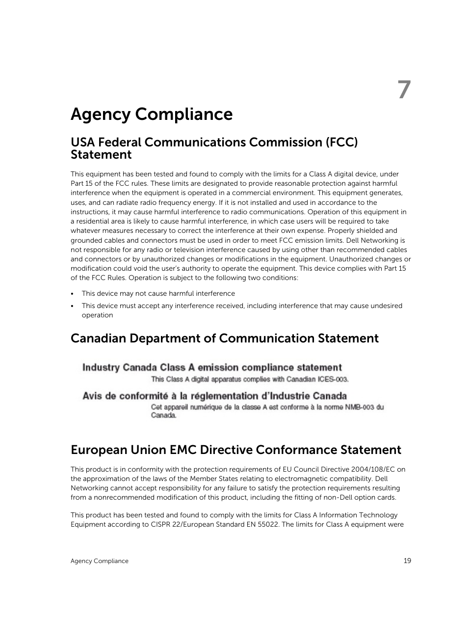 Agency compliance, Canadian department of communication statement, European union emc directive conformance statement | 7 agency compliance | Dell PowerEdge FX2/FX2s User Manual | Page 19 / 24