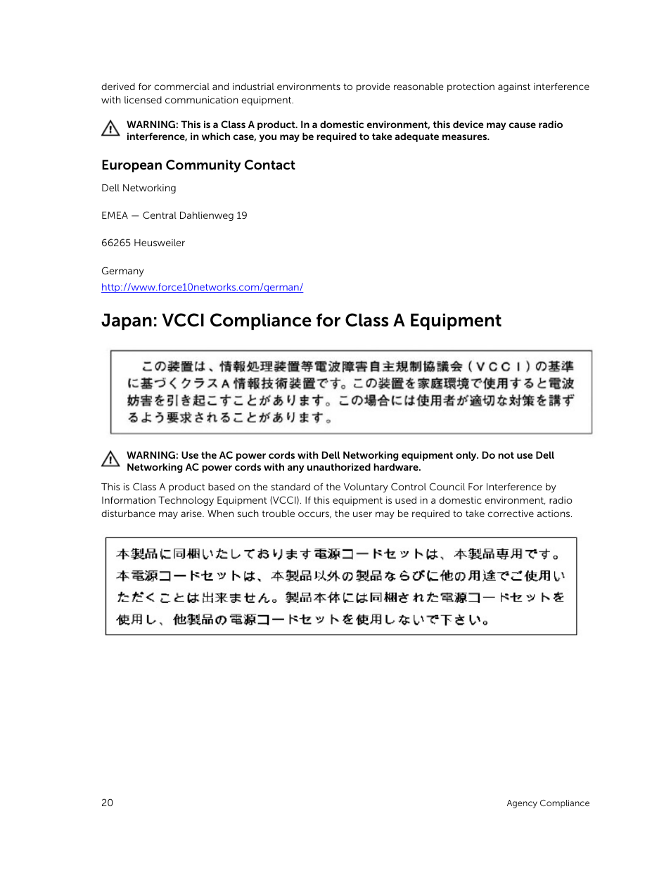 European community contact, Japan: vcci compliance for class a equipment | Dell PowerEdge FX2/FX2s User Manual | Page 20 / 24