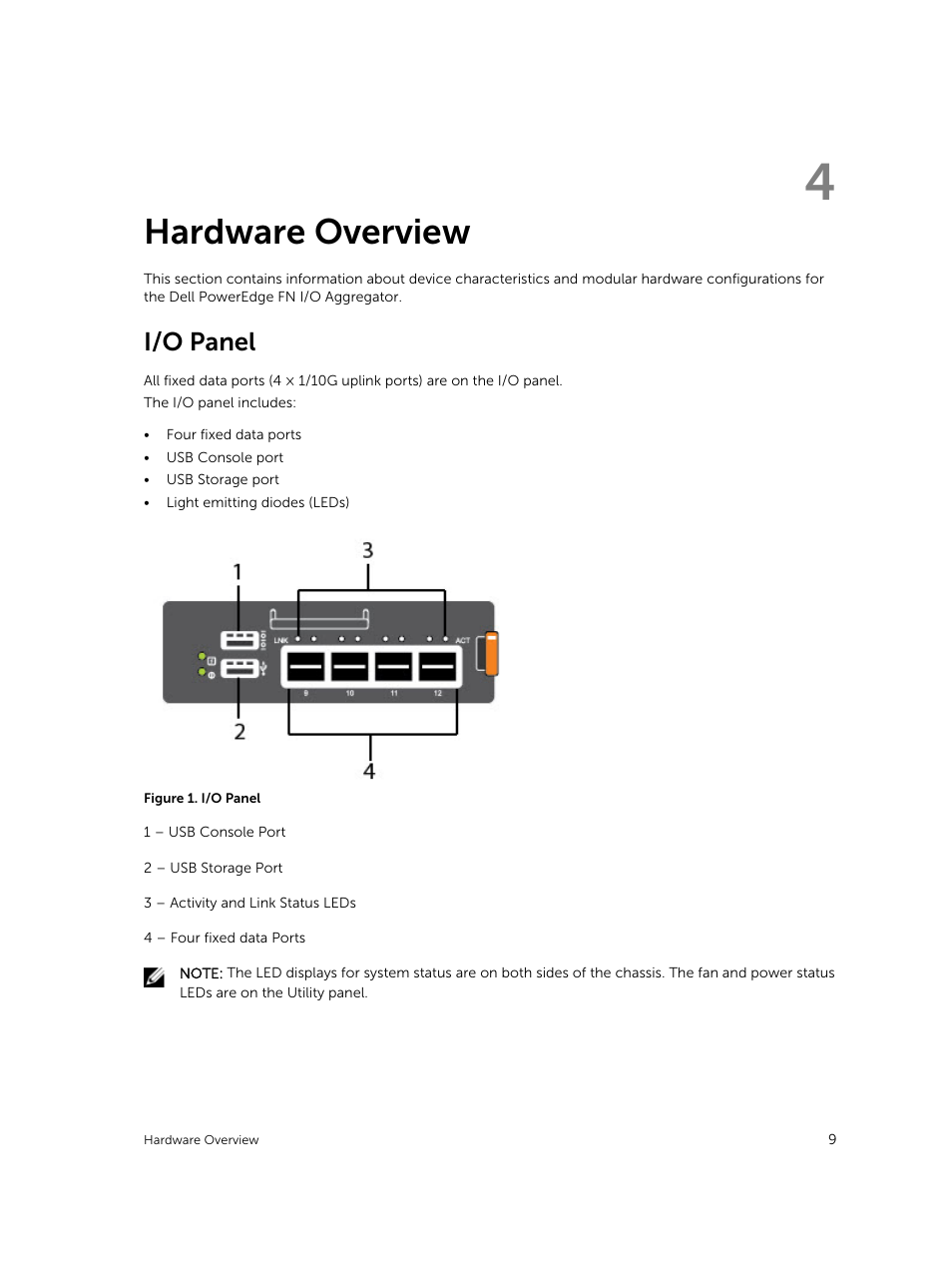 Hardware overview, I/o panel, 4 hardware overview | Dell PowerEdge FX2/FX2s User Manual | Page 9 / 24
