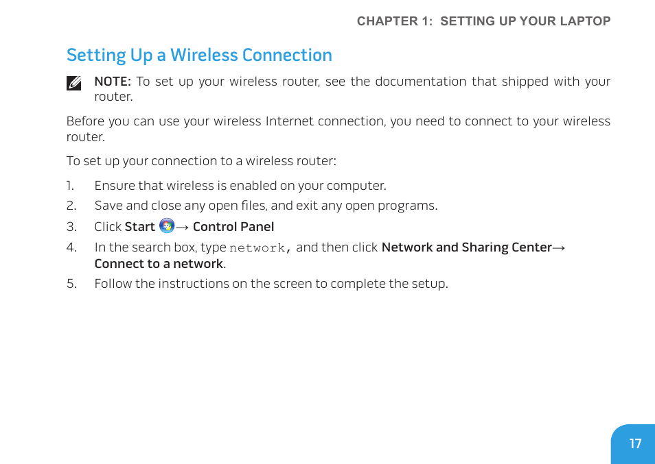 Setting up a wireless connection | Dell Alienware M11x (Early 2010) User Manual | Page 17 / 100