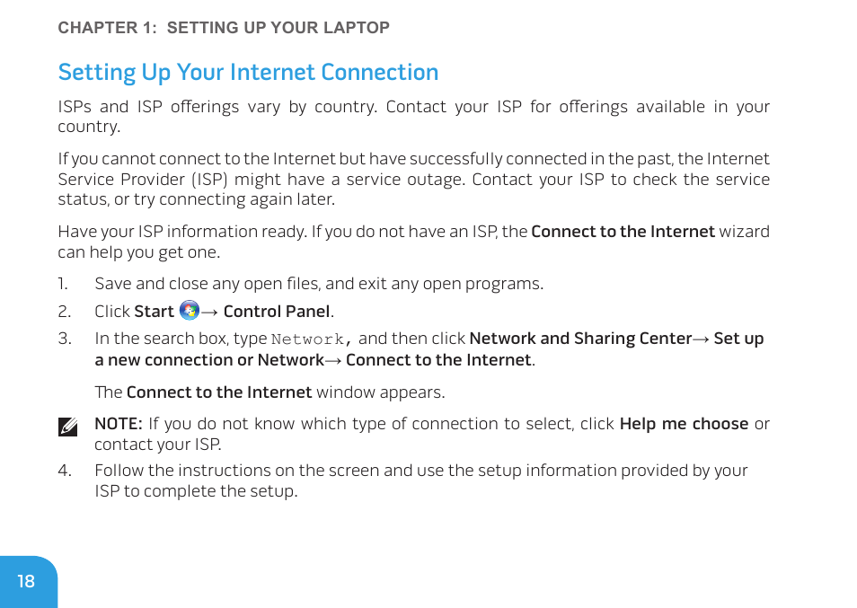 Setting up your internet connection | Dell Alienware M11x (Early 2010) User Manual | Page 18 / 100