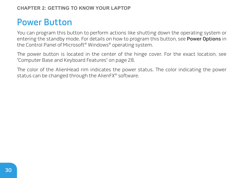 Power button | Dell Alienware M11x (Early 2010) User Manual | Page 30 / 100