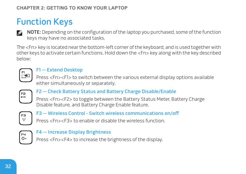 Function keys | Dell Alienware M11x (Early 2010) User Manual | Page 32 / 100