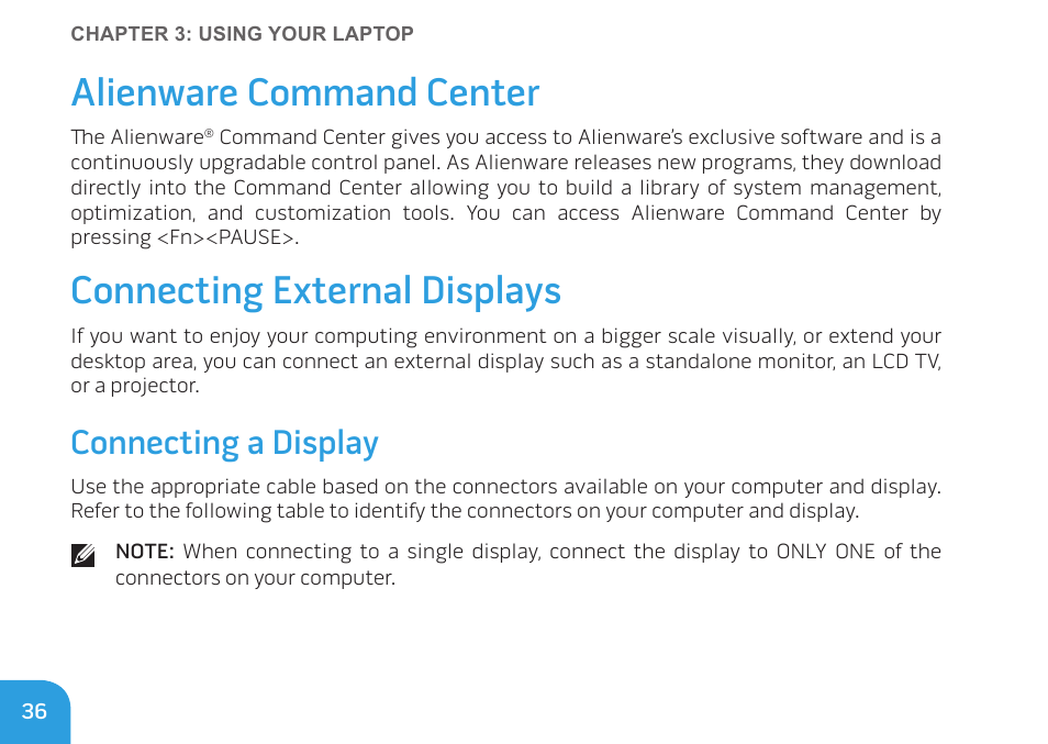 Alienware command center, Connecting external displays, Connecting a display | Dell Alienware M11x (Early 2010) User Manual | Page 36 / 100