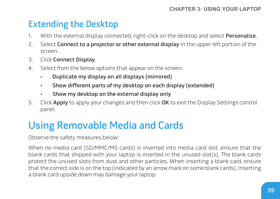 Using removable media and cards, Extending the desktop | Dell Alienware M11x (Early 2010) User Manual | Page 39 / 100