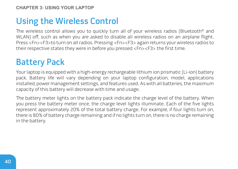 Using the wireless control battery pack, Using the wireless control, Battery pack | Dell Alienware M11x (Early 2010) User Manual | Page 40 / 100