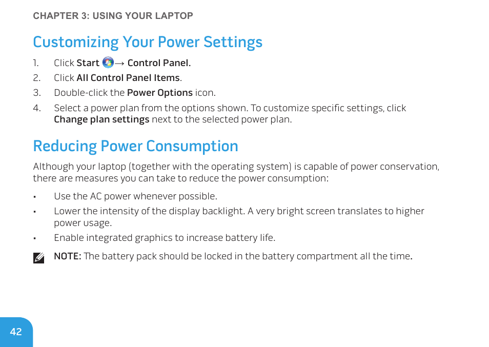 Customizing your power settings, Reducing power consumption | Dell Alienware M11x (Early 2010) User Manual | Page 42 / 100