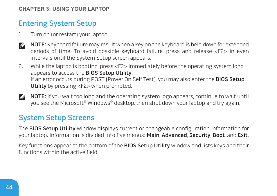 Entering system setup, System setup screens | Dell Alienware M11x (Early 2010) User Manual | Page 44 / 100