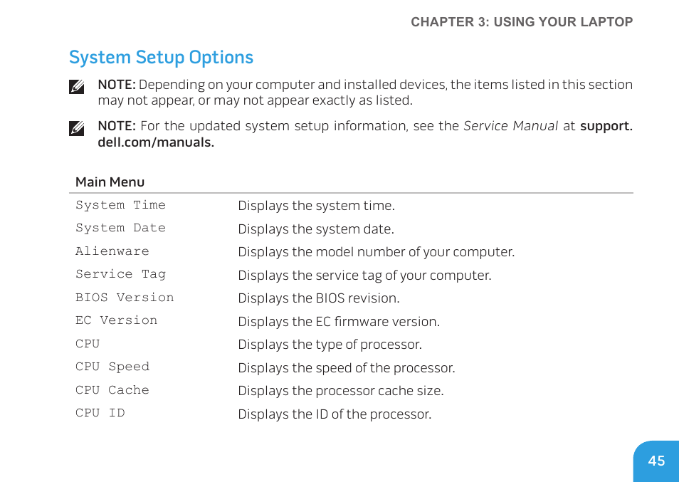 System setup options | Dell Alienware M11x (Early 2010) User Manual | Page 45 / 100