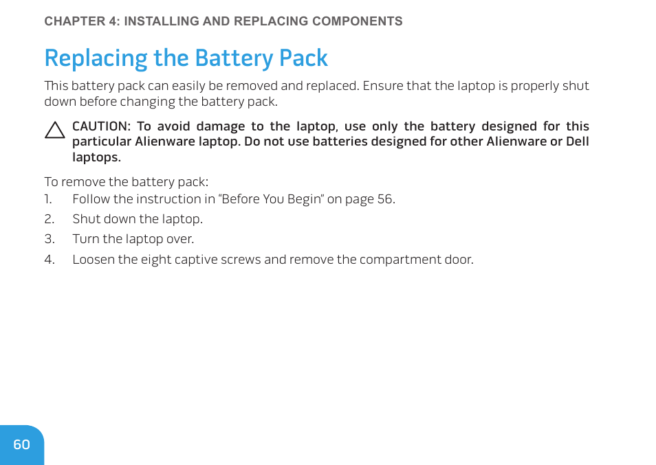 Replacing the battery pack | Dell Alienware M11x (Early 2010) User Manual | Page 60 / 100