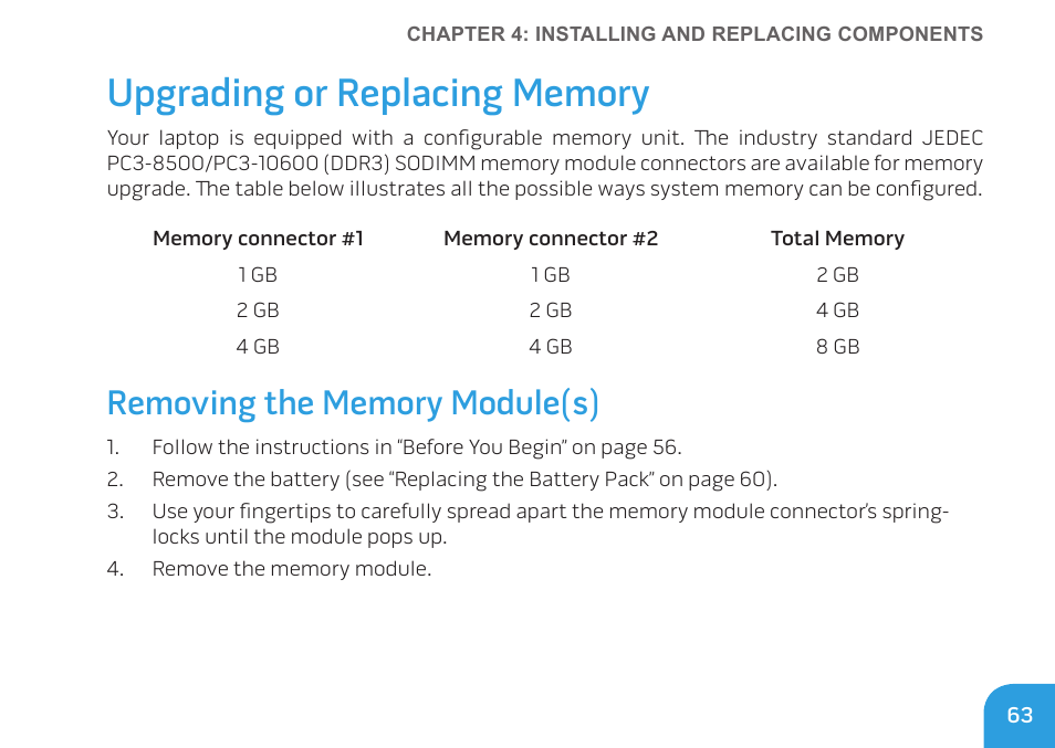 Upgrading or replacing memory | Dell Alienware M11x (Early 2010) User Manual | Page 63 / 100