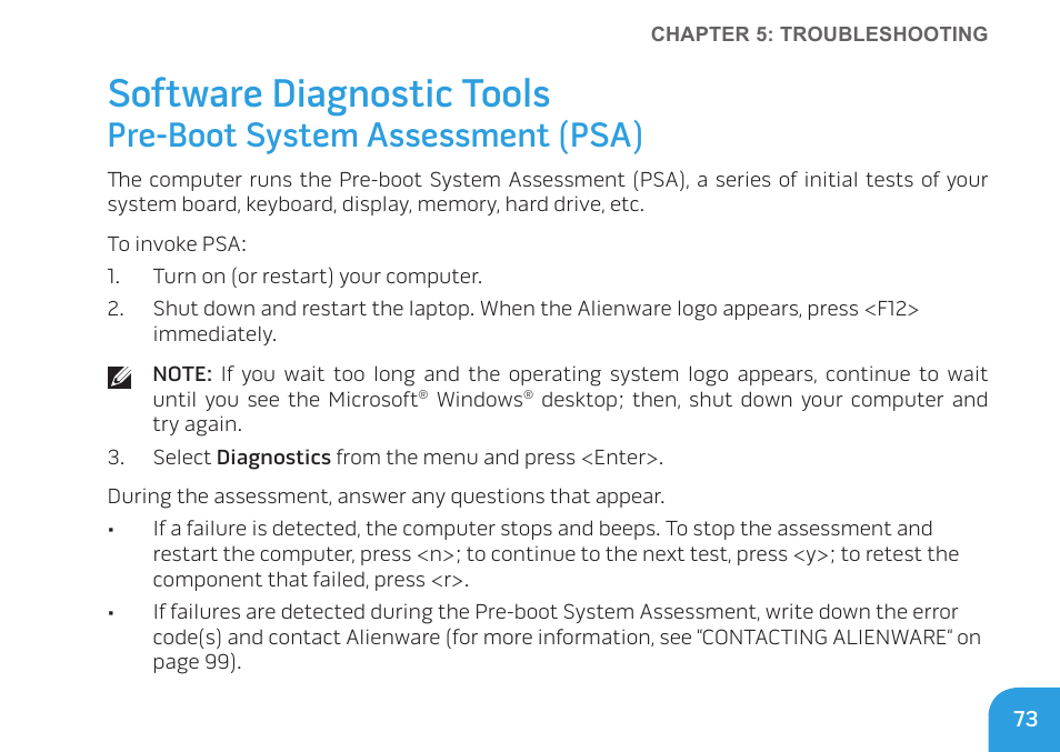 Software diagnostic tools, Pre-boot system assessment (psa) | Dell Alienware M11x (Early 2010) User Manual | Page 73 / 100