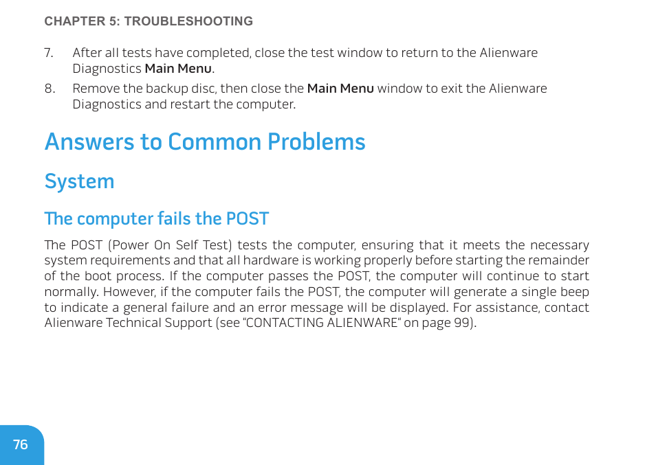 Answers to common problems, System, The computer fails the post | Dell Alienware M11x (Early 2010) User Manual | Page 76 / 100