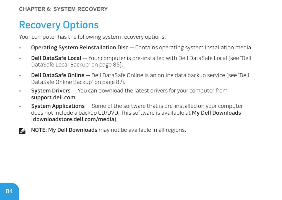 Recovery options | Dell Alienware M11x (Early 2010) User Manual | Page 84 / 100