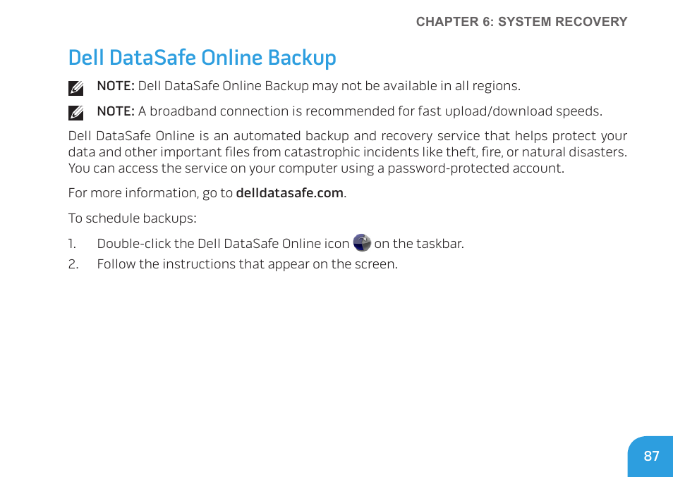 Dell datasafe online backup | Dell Alienware M11x (Early 2010) User Manual | Page 87 / 100