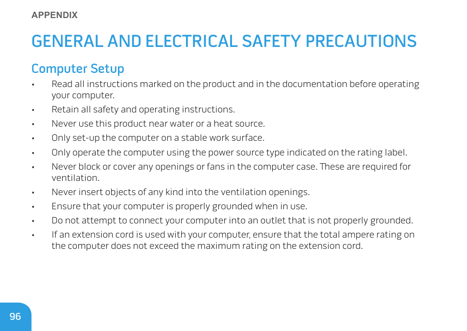 General and electrical safety precautions, Computer setup | Dell Alienware M11x (Early 2010) User Manual | Page 96 / 100