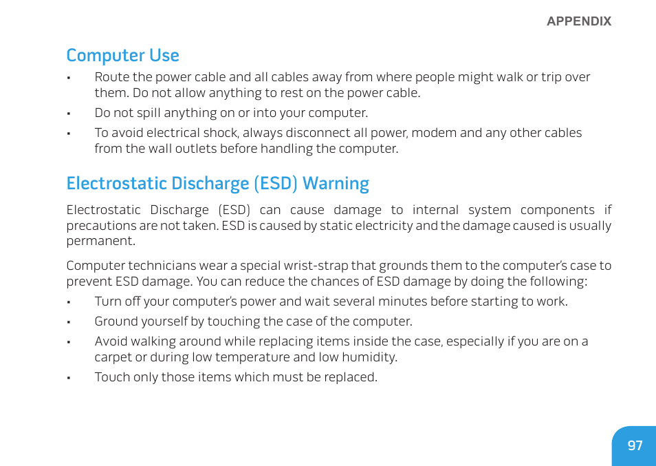 Computer use, Electrostatic discharge (esd) warning | Dell Alienware M11x (Early 2010) User Manual | Page 97 / 100