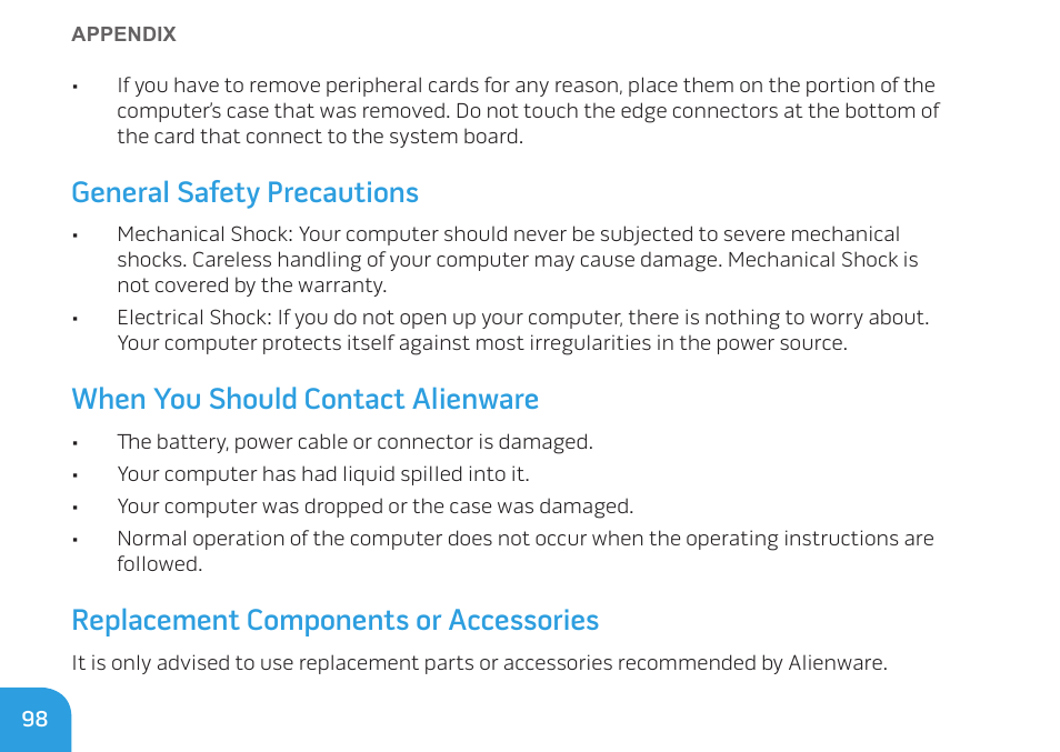 General safety precautions, When you should contact alienware, Replacement components or accessories | Dell Alienware M11x (Early 2010) User Manual | Page 98 / 100