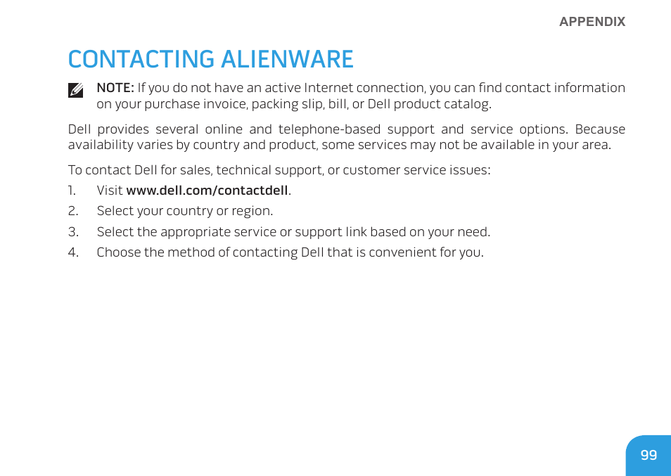Contacting alienware | Dell Alienware M11x (Early 2010) User Manual | Page 99 / 100