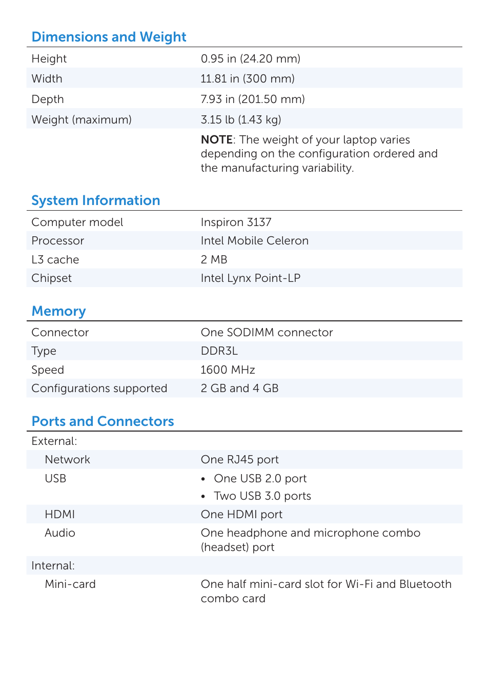 Dimensions and weight, System information, Ports and connectors | Dell Inspiron 11 (3137, Mid 2013) User Manual | Page 2 / 6