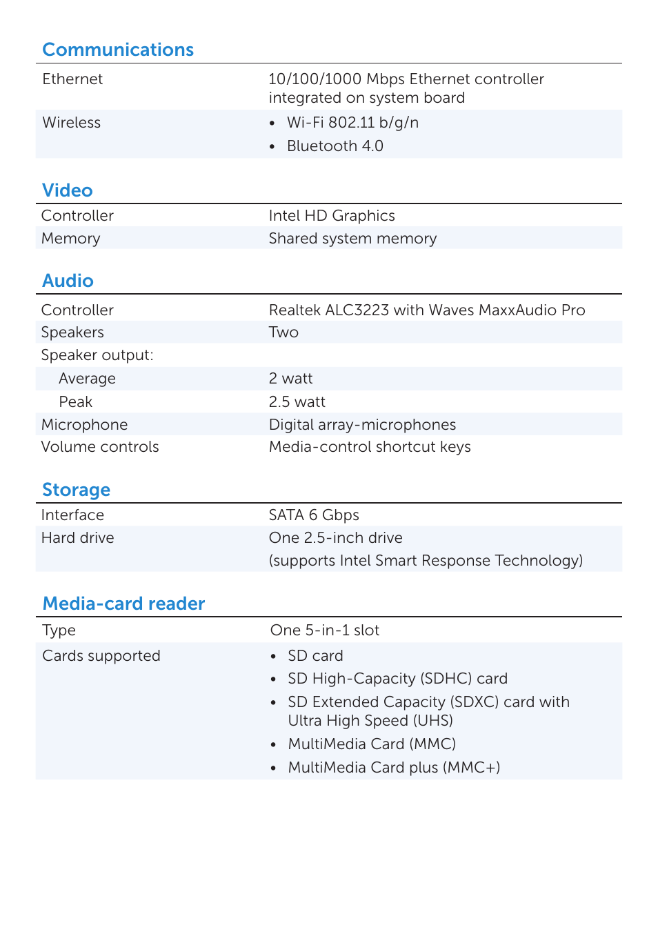 Communications, Video, Audio | Storage, Media-card reader | Dell Inspiron 11 (3137, Mid 2013) User Manual | Page 3 / 6